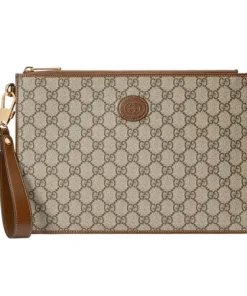 Túi Cầm Tay Nam Gucci Supreme Canvas Interlocking GG Pouch Màu Be Nâu